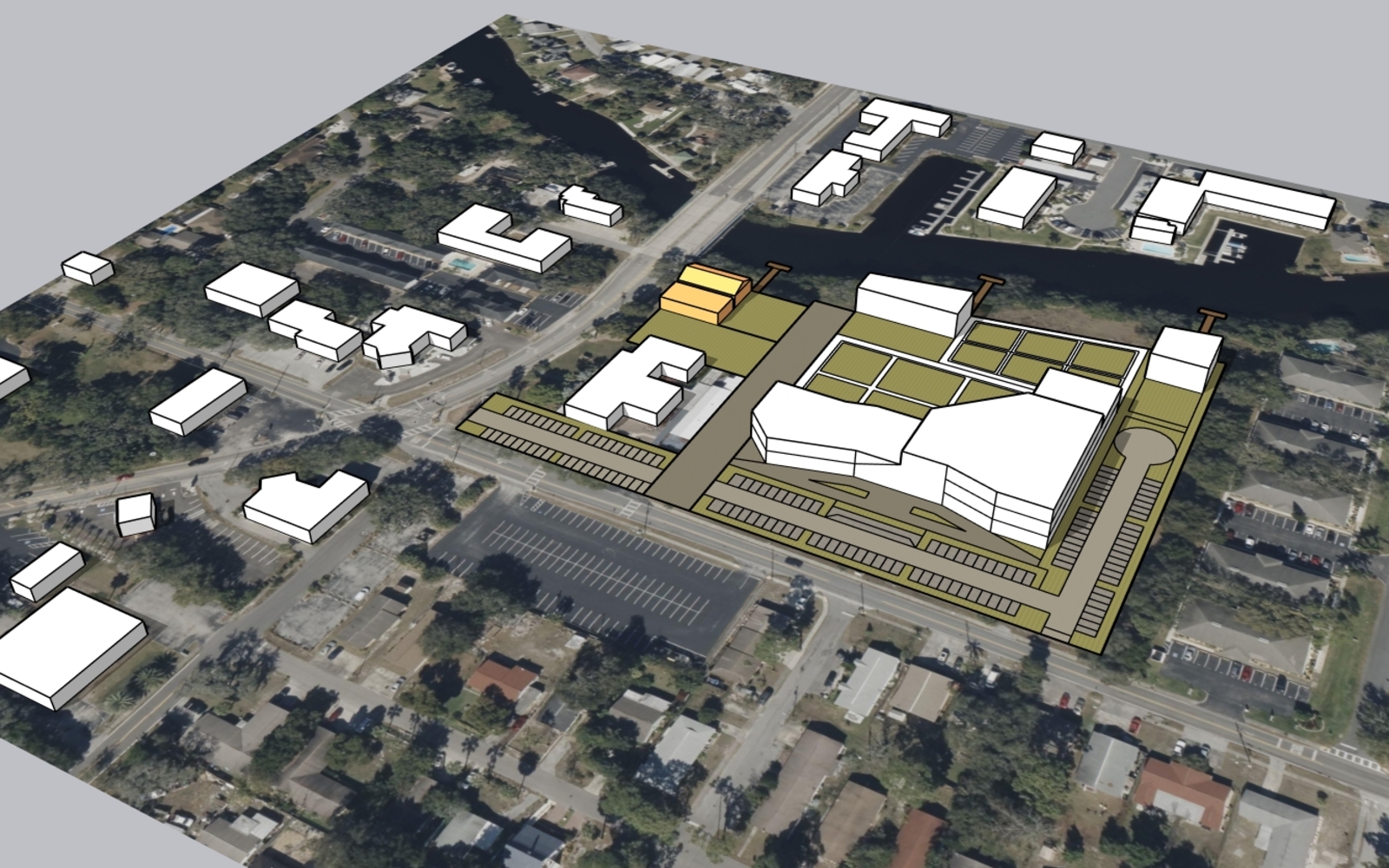 3D massing and fitment study over the Gulf High School site. BusinessFlare